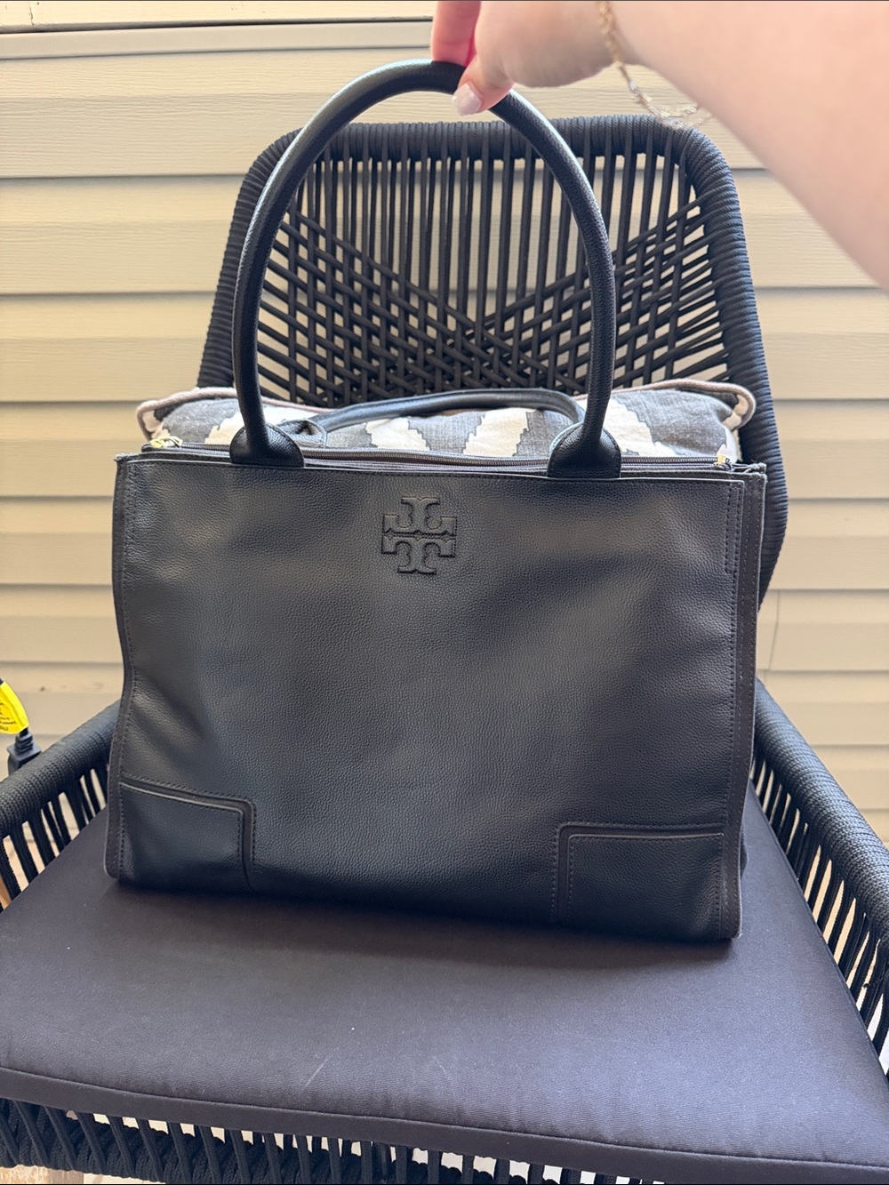 Tory Burch Black Leather Structured Tote with Double Handles